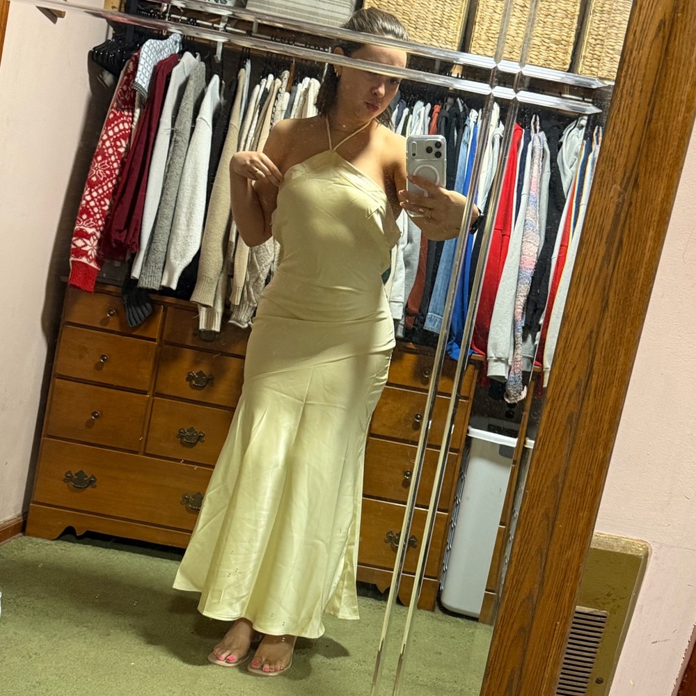 Elegant Yellow Satin Halter Dress
